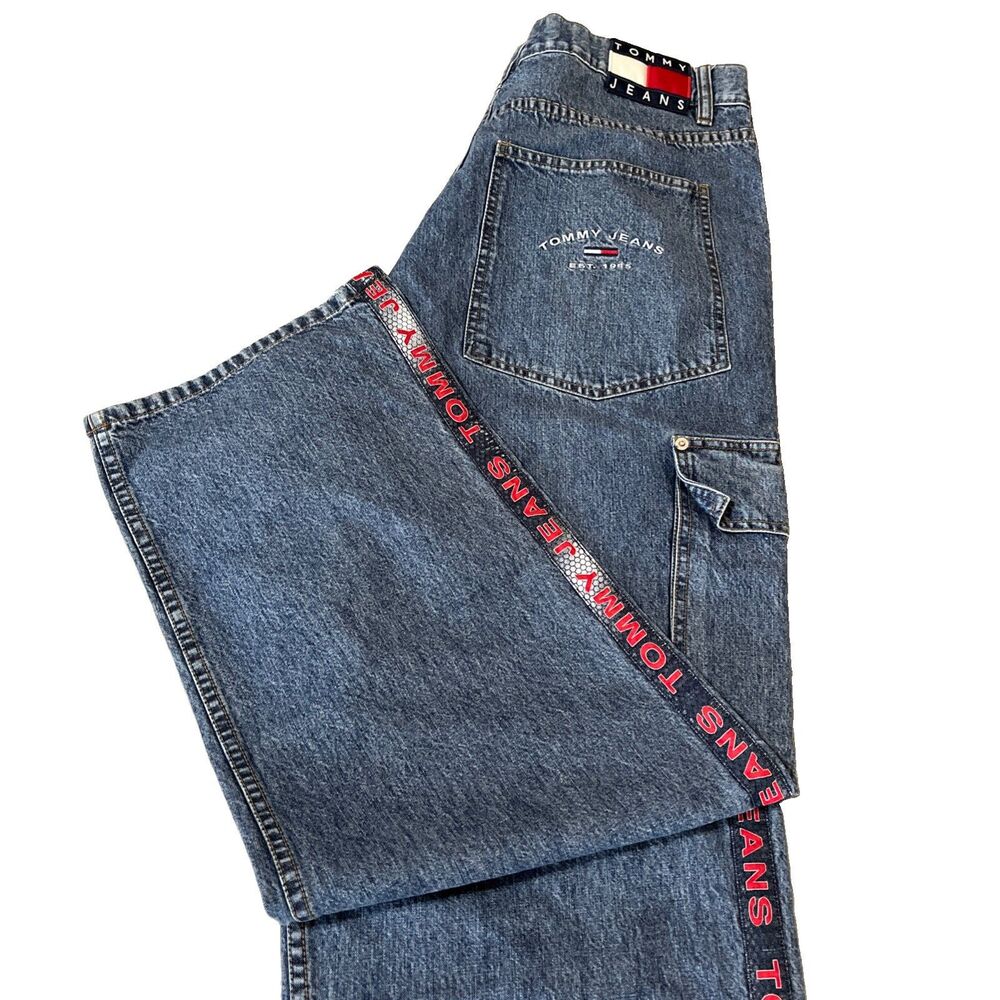 VTG Tommy Hilfiger Jeans Men’s 38x32 Spell Out Hem 90s Hip Hop Baggy Big Pockets